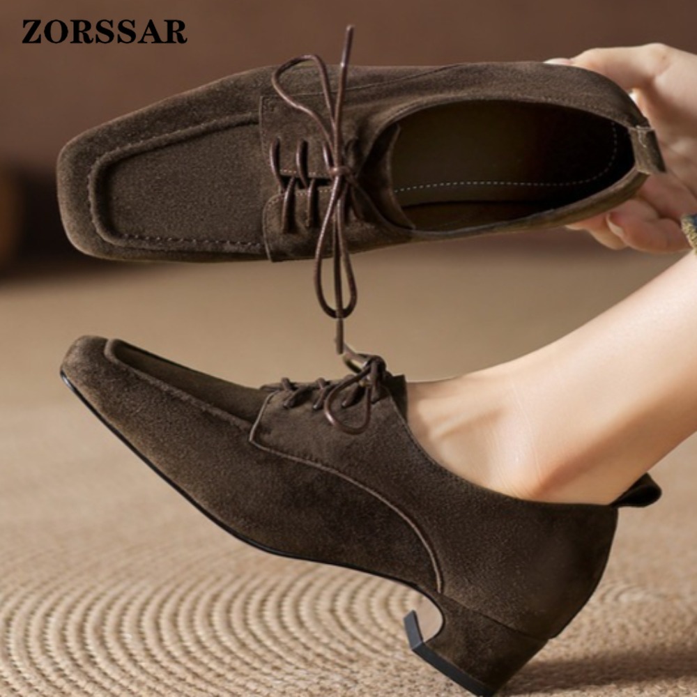 Formal Women Daily Wear Shoes - 여성용 브라운 스웨이드 스퀘어 토 레이스업