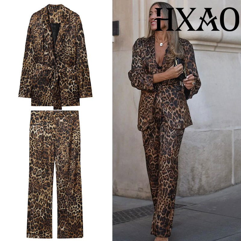HXAO 레오파드 팬츠 세트 2피스 세트 빈티지 롱 블 - Women'S Formal Wear Suits 리뷰 및 가격