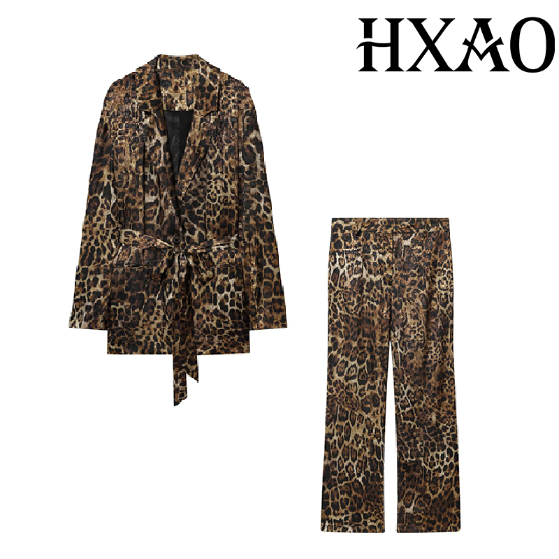 HXAO 레오파드 팬츠 세트 2피스 세트 빈티지 롱 블 - Women'S Formal Wear Suits 리뷰 및 가격