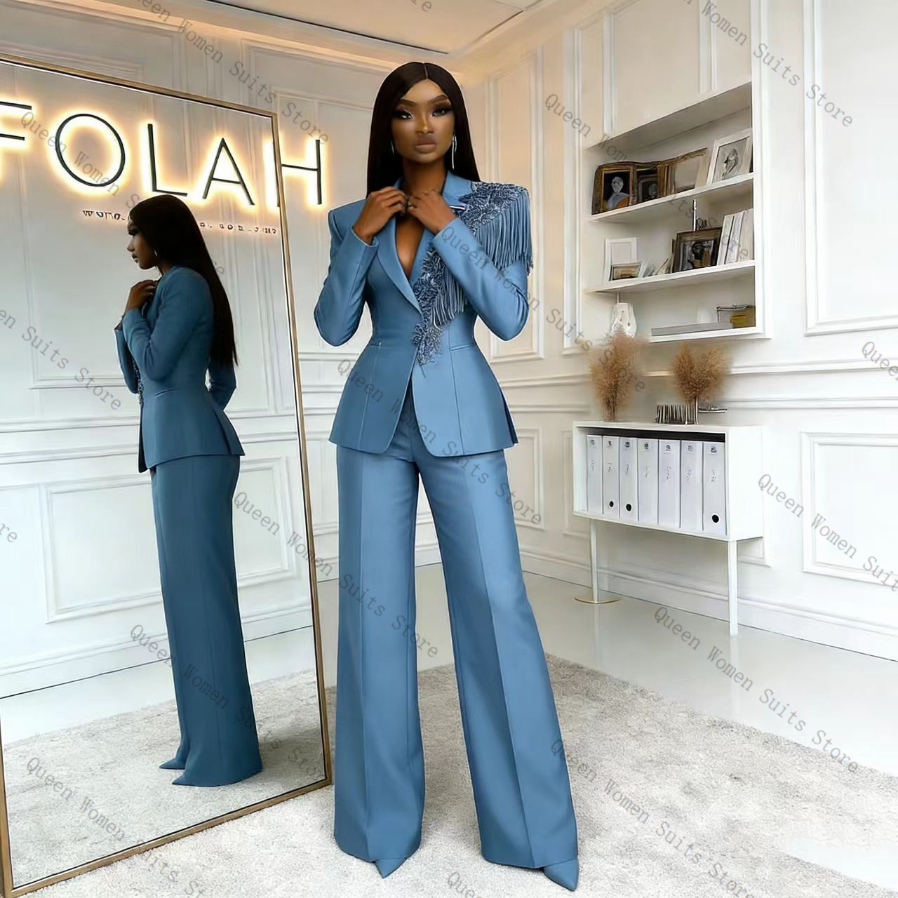 태슬 블루 여성 정장 바지 세트 2피스 블레이저+바지  - Women'S Formal Wear Jackets 리뷰 및 가격