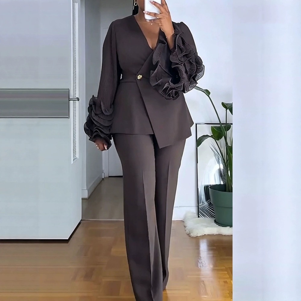 여성용 2피스 팬츠 슈트 딥-V 러플 긴소매 블레이저  - Women'S Formal Wear Suits 리뷰 및 가격